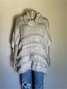 New York & Company Cream Fringe Cowl Poncho Sweater